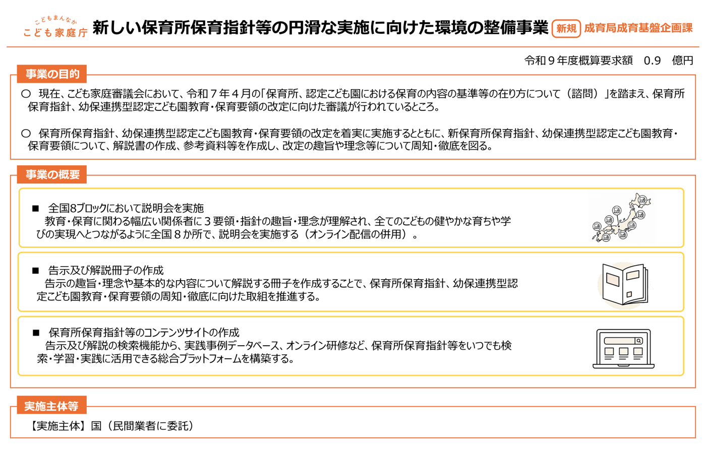 新しい保育所保育指針等の円滑な実施に向けた環境の整備事業の概要。令和9年度概算要求額0.9億円。全国8ブロックでの説明会、告示及び解説冊子の作成、保育所保育指針等のコンテンツサイトの作成